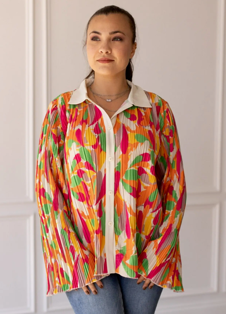 NWT Multi-color Pleated Button-Down Blouse w/ Flare Sleeve - 2X/3X
