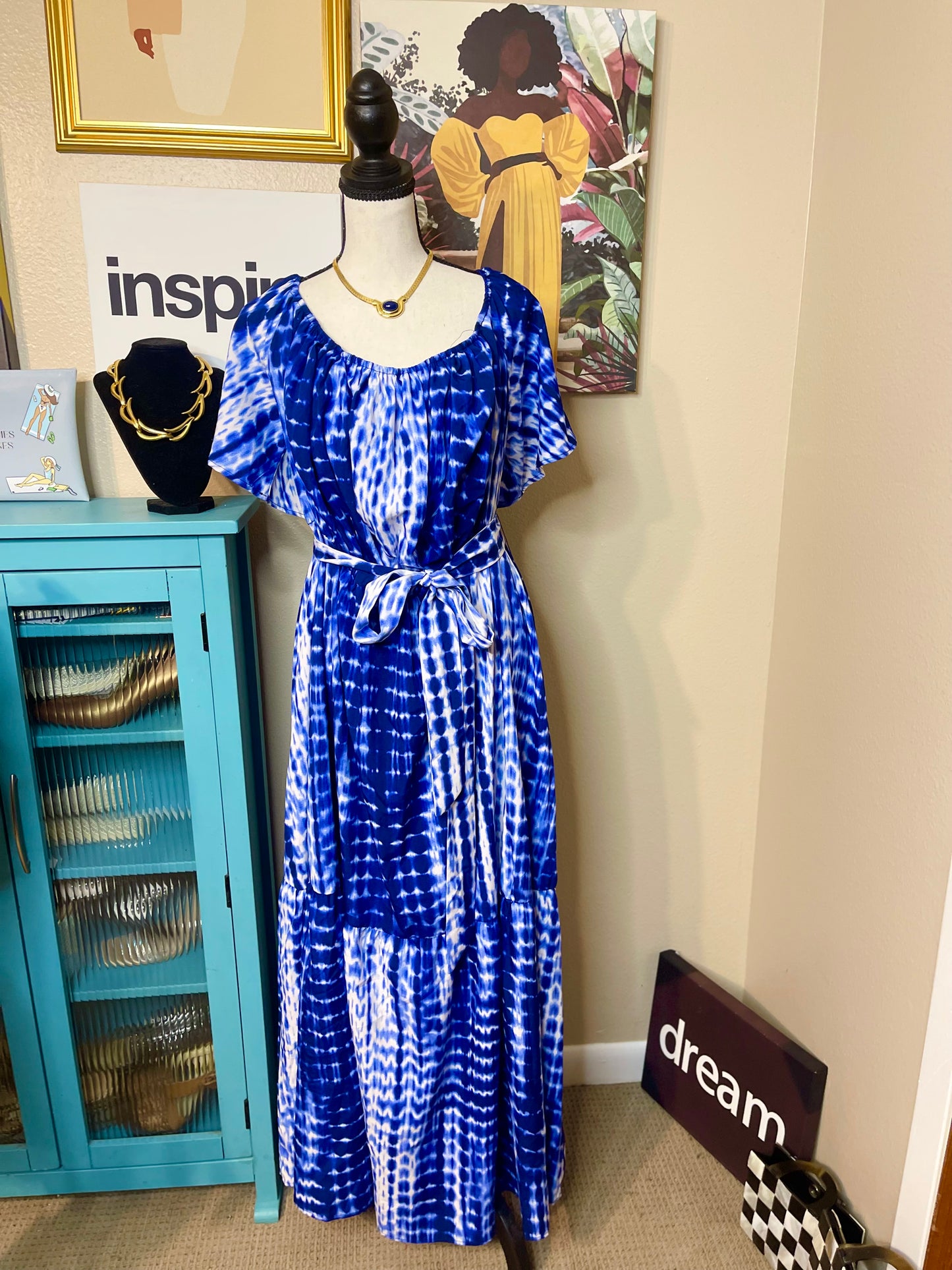 Blue TieDye Pattern Tiered Maxi Dress w/ Belt by SHEIN - 4X (BF 2X)