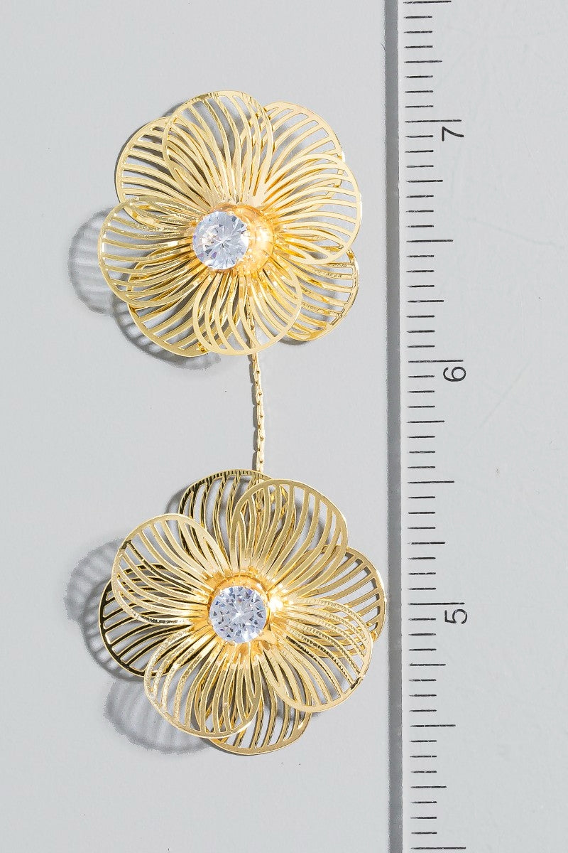 Rhinestone Stud Double Flower Dangle Earrings
