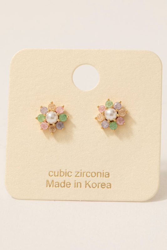 Gold Dipped CZ Pearl Flower Stud Earrings