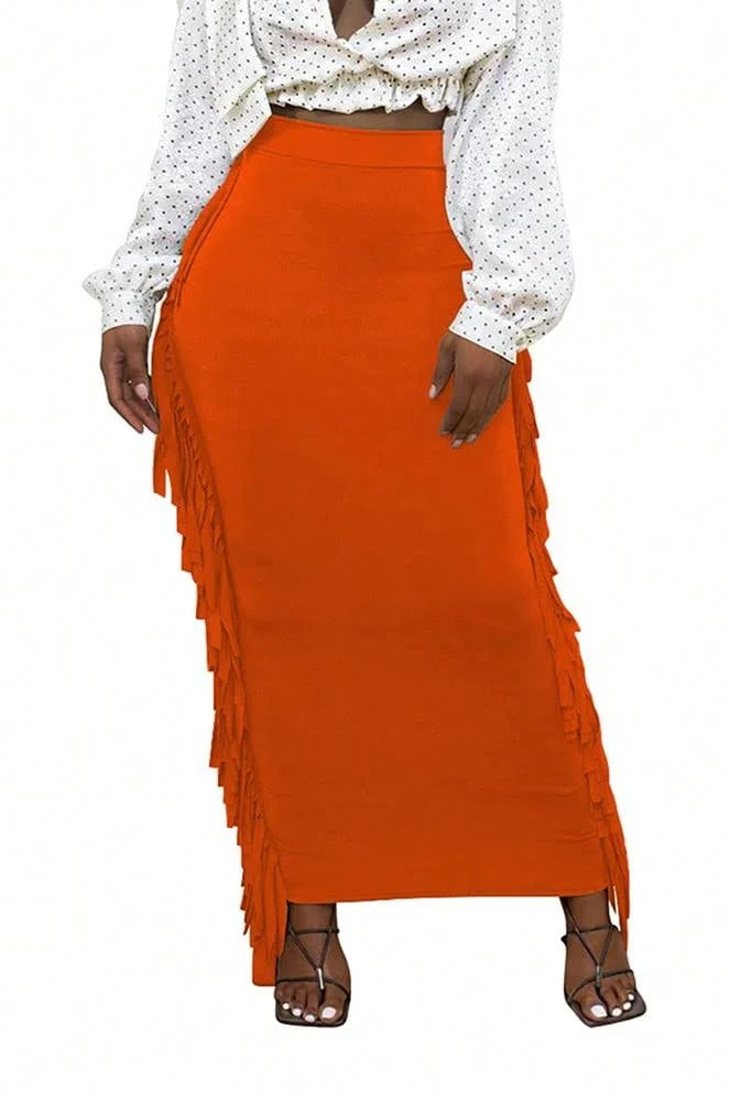 Orange Bodycon Maxi Tassel Fringe Skirt - M/L