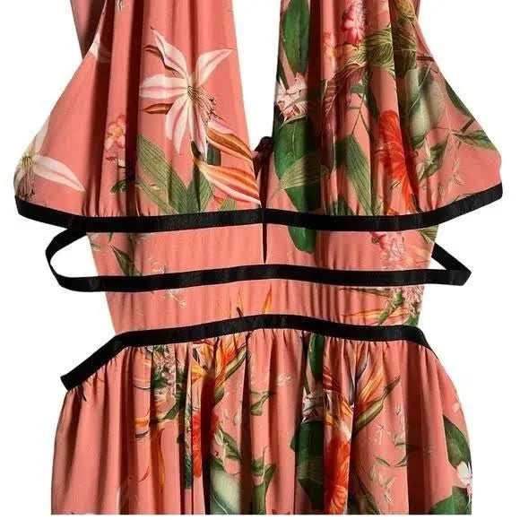 Express Coral Pink Strappy Tropical Floral Print Cut Out Maxi Dress-L