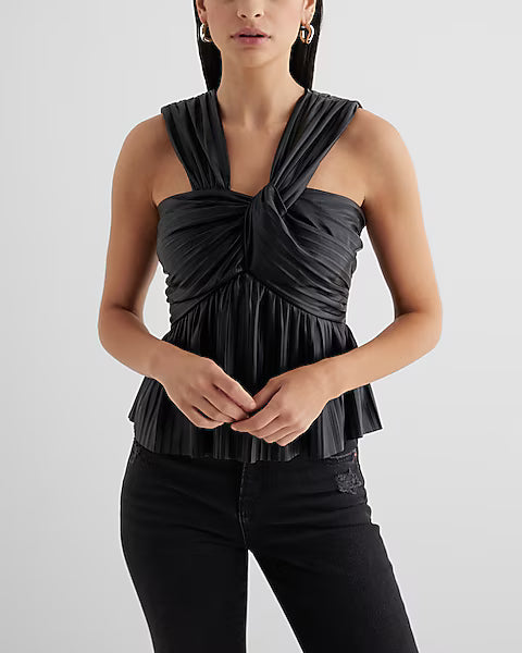 NEW Faux Leather Pleated Twist Front Peplum Top - M