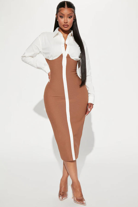 New Fashion Nova Midi Shirt Dress Tan - L