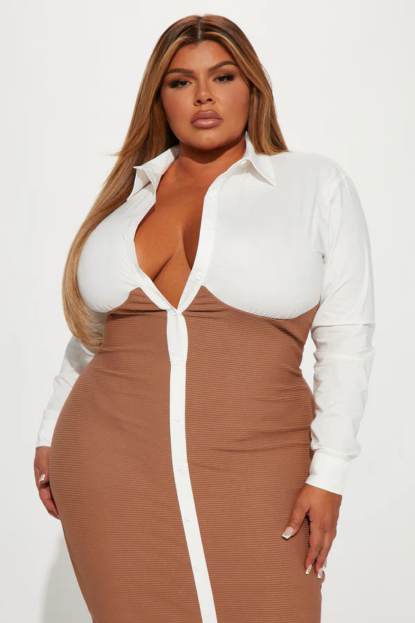 New Fashion Nova Midi Shirt Dress Tan - L