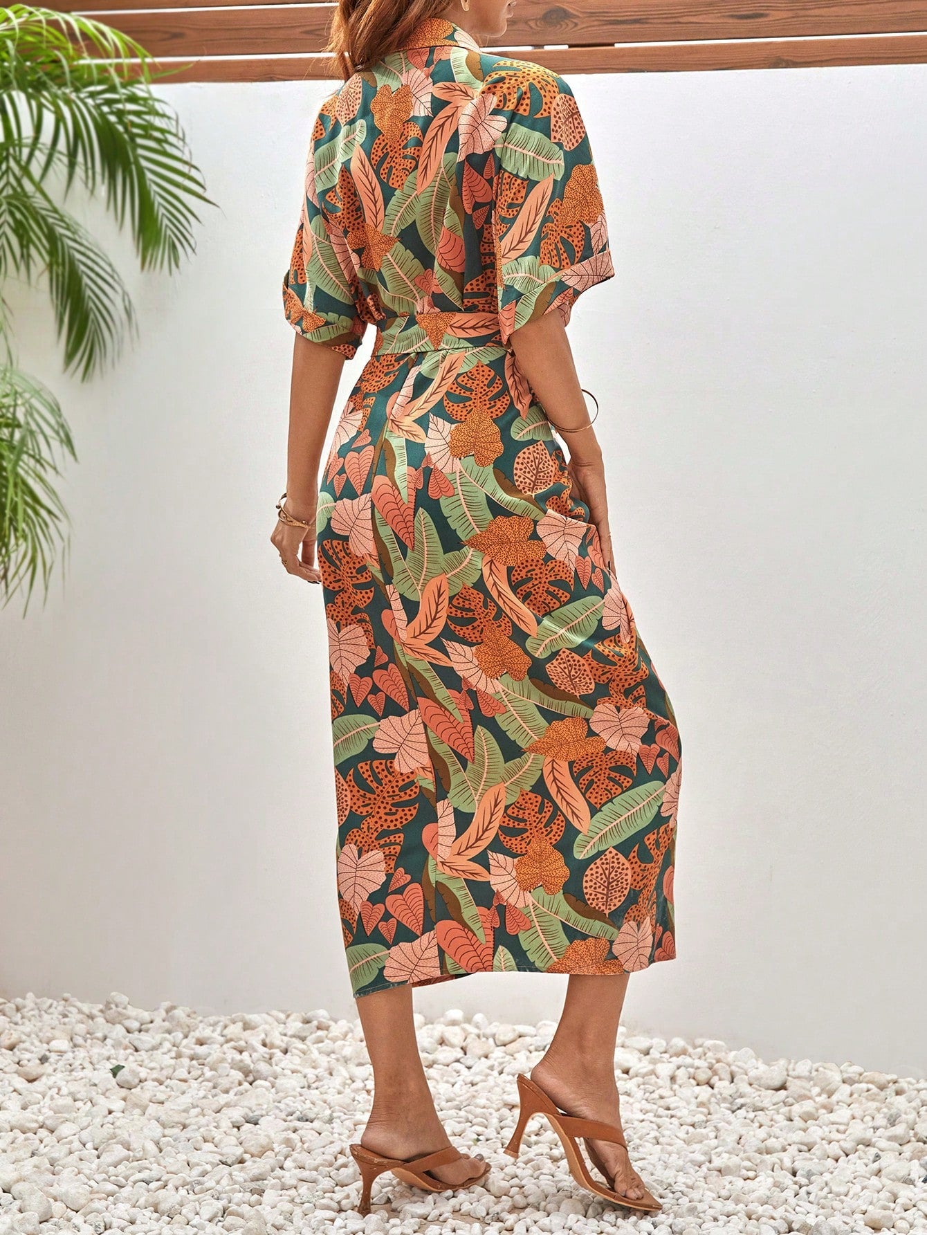 Shein Frenchy Tropical Print Batwing Dress - Medium