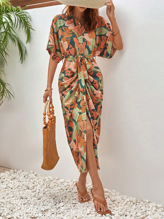 Shein Frenchy Tropical Print Batwing Dress - Medium