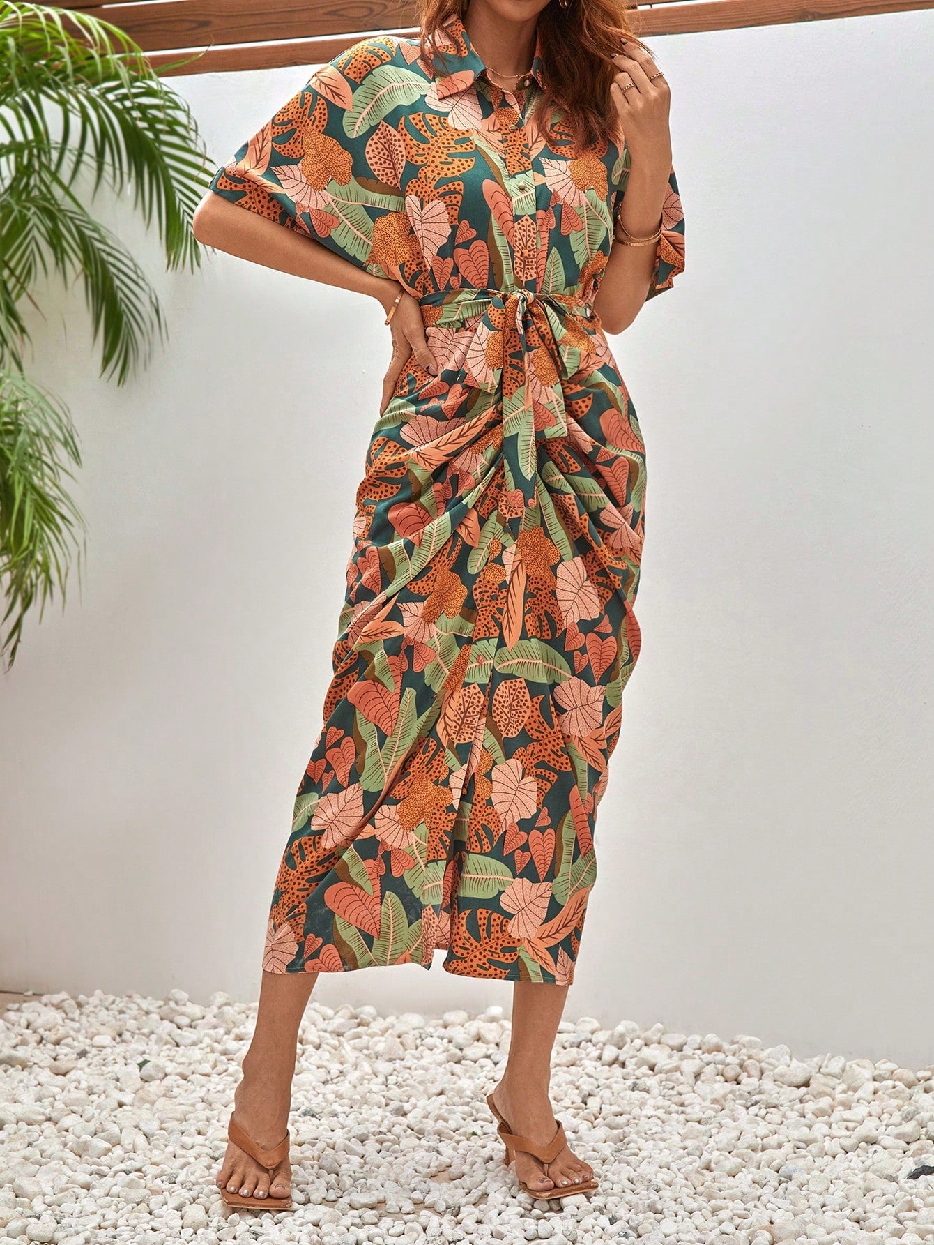 Shein Frenchy Tropical Print Batwing Dress - Medium