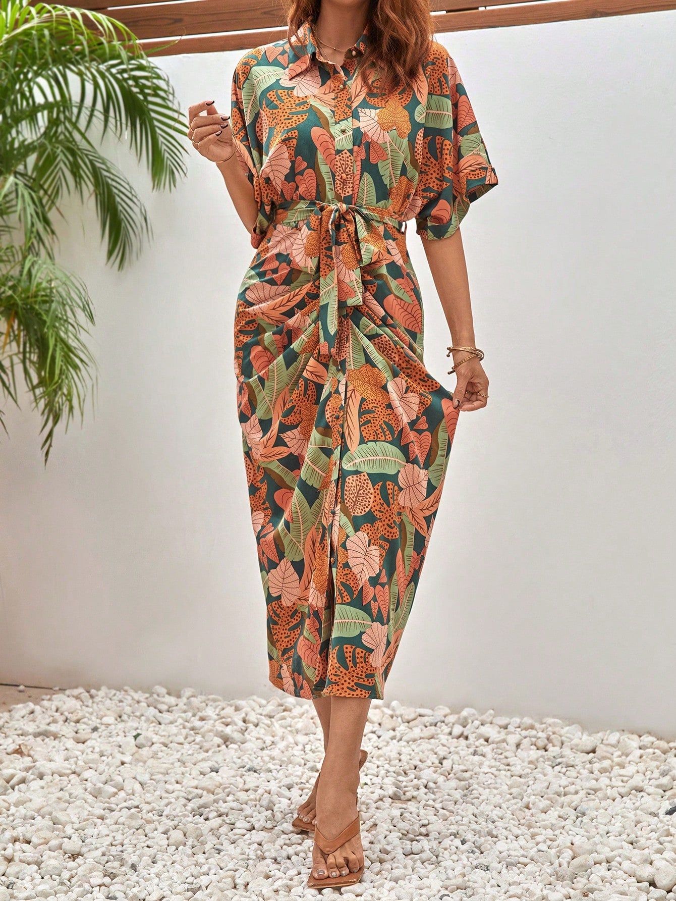 Shein Frenchy Tropical Print Batwing Dress - Medium