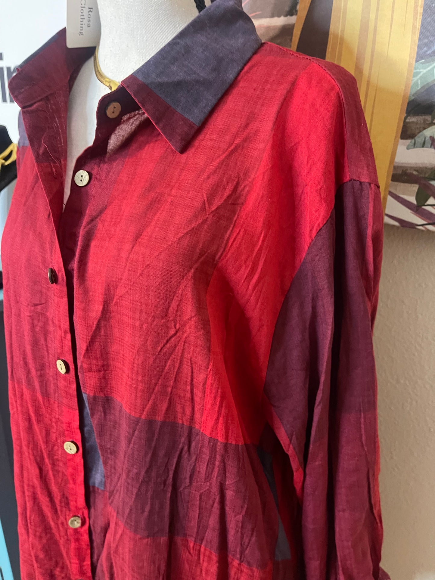NEW Red/Burgundy Colorblock Button Up Dress/Kimono-Duster w/Pockets - Large