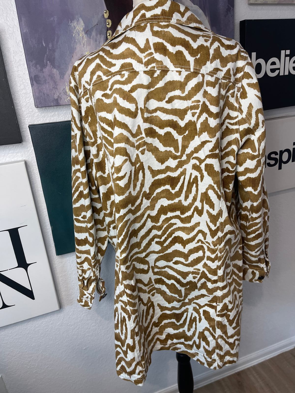 #1773 Jessica London Zebra Print Longline Denim Jacket Tag 18W, Best Fit 12-14