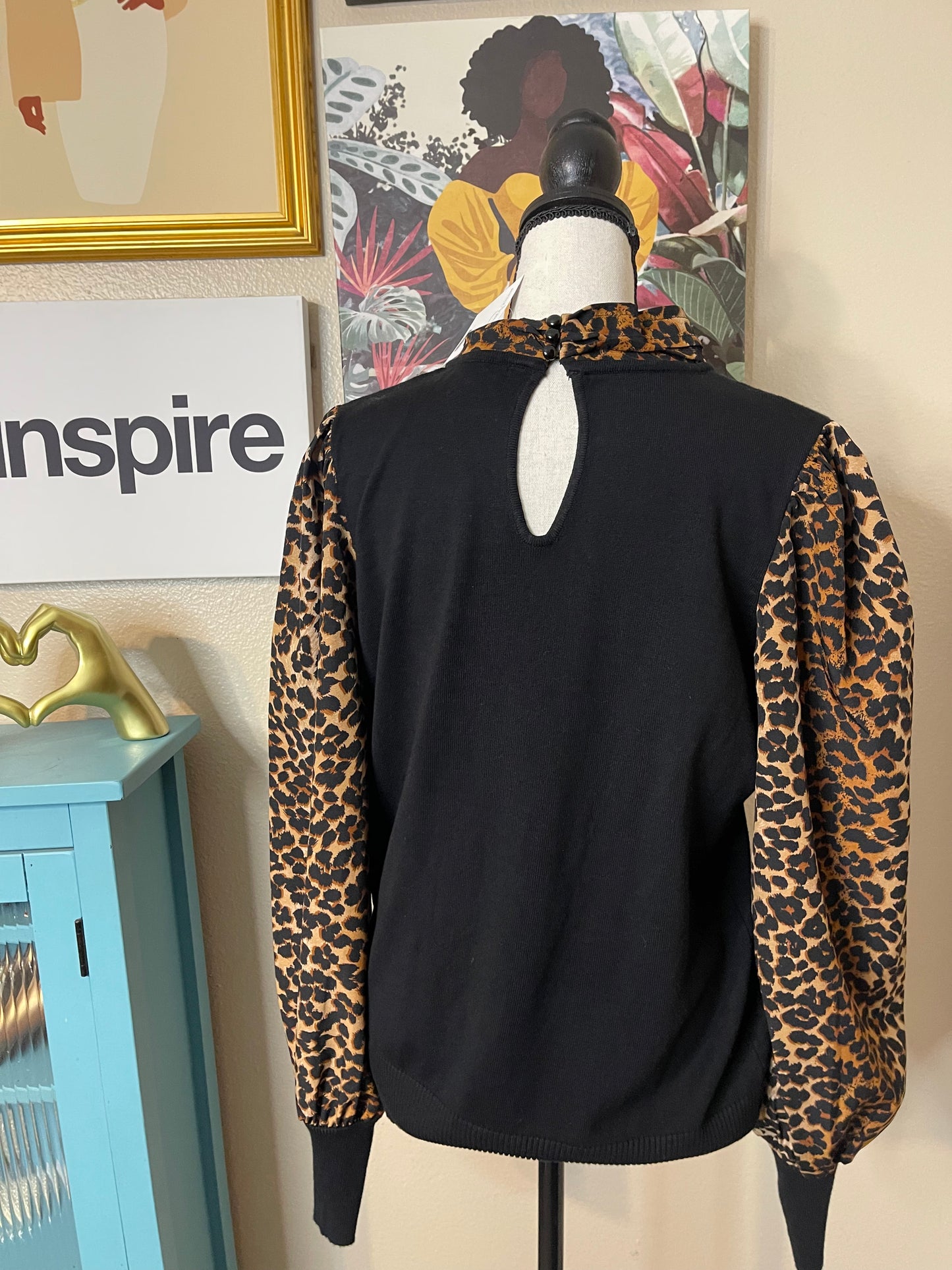 Black/Animal Print Tie Bow Sweater Top by Cato - Large