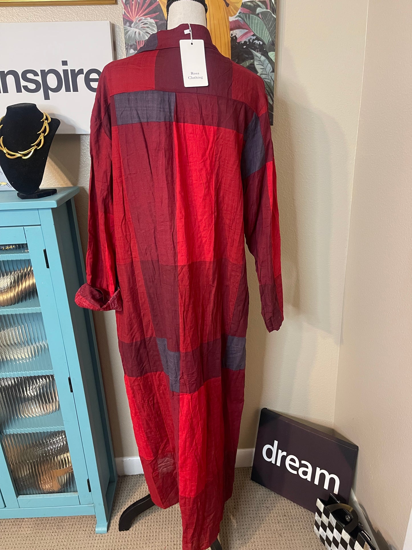 NEW Red/Burgundy Colorblock Button Up Dress/Kimono-Duster w/Pockets - Large