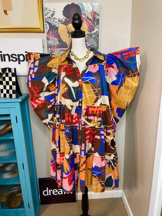 Abstract Multi-Colored Print Dress - XL - 1XL