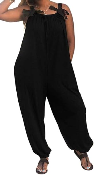 Black Overalls Spaghetti Strap Harem Wide Leg Jumpsuit w/ Pocket - 12-14