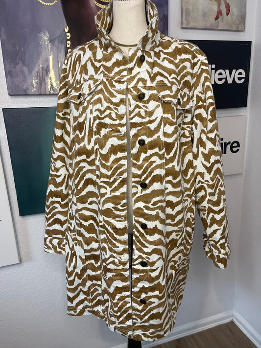 #1773 Jessica London Zebra Print Longline Denim Jacket Tag 18W, Best Fit 12-14