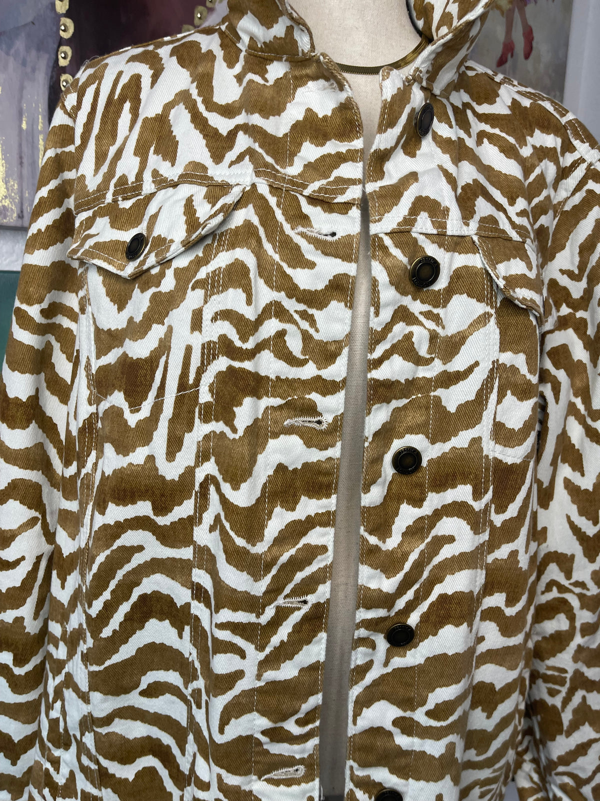 #1773 Jessica London Zebra Print Longline Denim Jacket Tag 18W, Best Fit 12-14