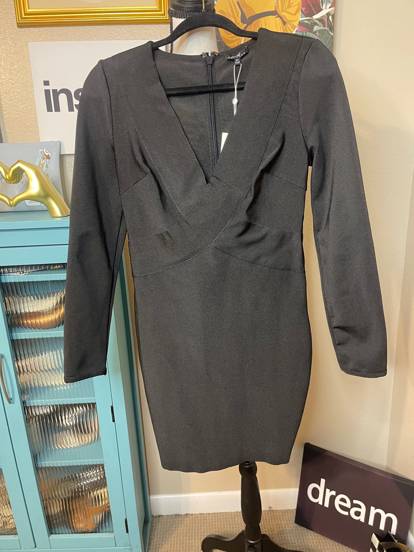 NEW Black Long Sleeve Vneck Bandage Dress - WOW Couture - Medium