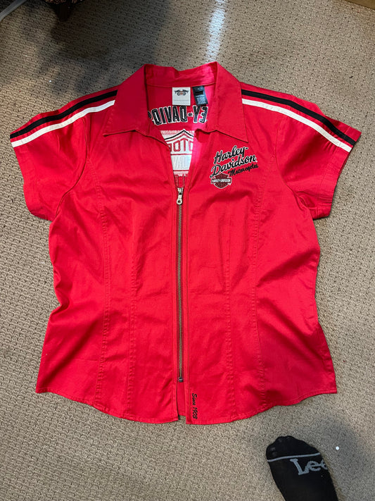 Authentic Harley Davidson Women's Biker Shirt: Red Zip-Up, Short Sleeve