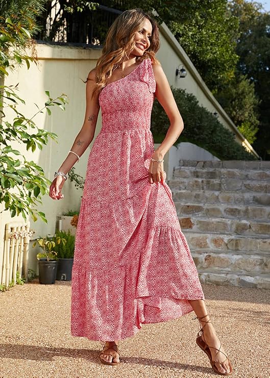 NWT PRETTYGARDEN Floral One Shoulder Sleeveless Bow Knot Dress -S