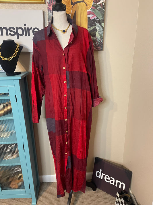 NEW Red/Burgundy Colorblock Button Up Dress/Kimono-Duster w/Pockets - Large