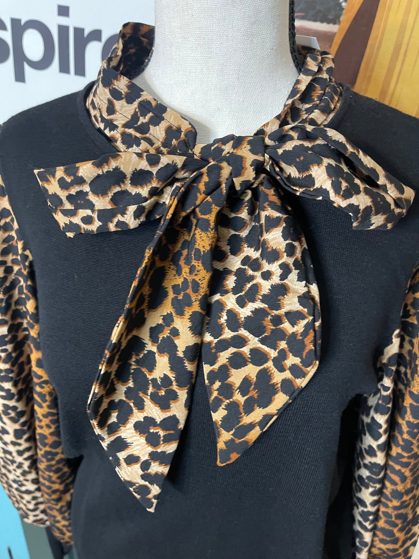 Black/Animal Print Tie Bow Sweater Top by Cato - Large