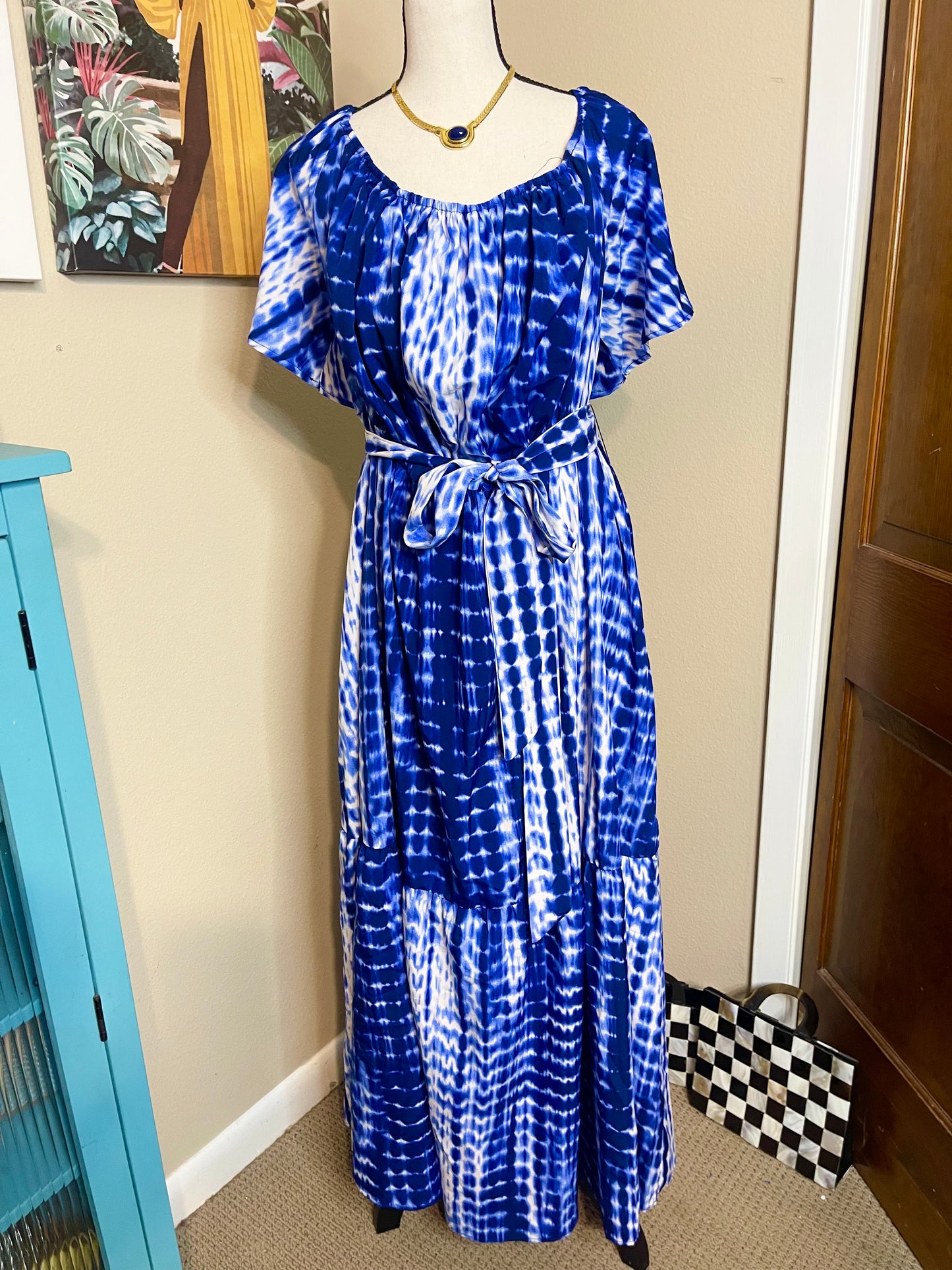 Blue TieDye Pattern Tiered Maxi Dress w/ Belt by SHEIN - 4X (BF 2X)