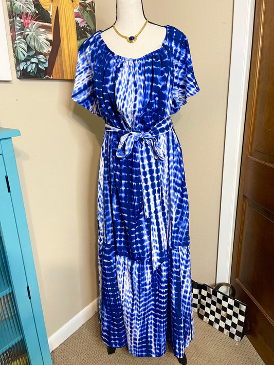 Blue TieDye Pattern Tiered Maxi Dress w/ Belt by SHEIN - 4X (BF 2X)