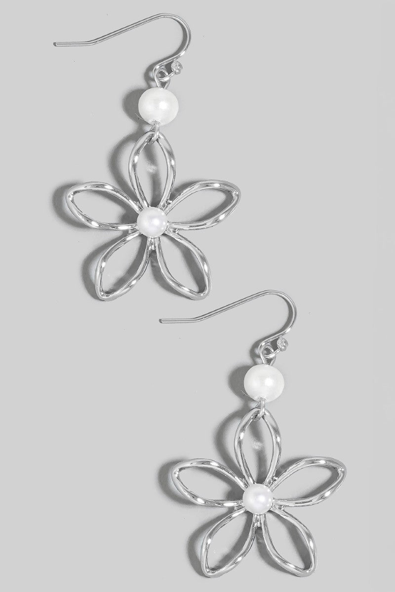Pearl Beads Wire Flower Dangle Earrings