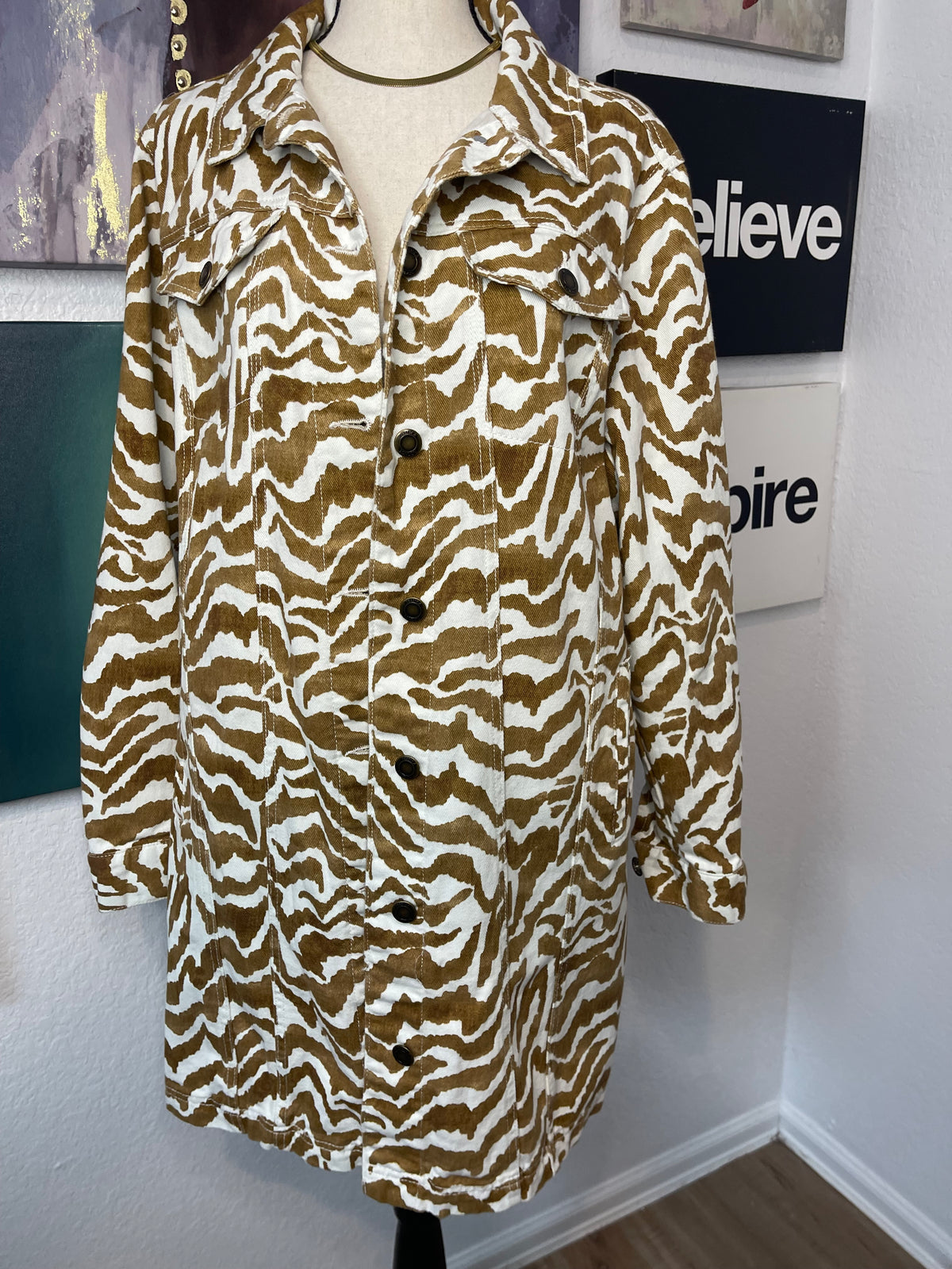 #1773 Jessica London Zebra Print Longline Denim Jacket Tag 18W, Best Fit 12-14