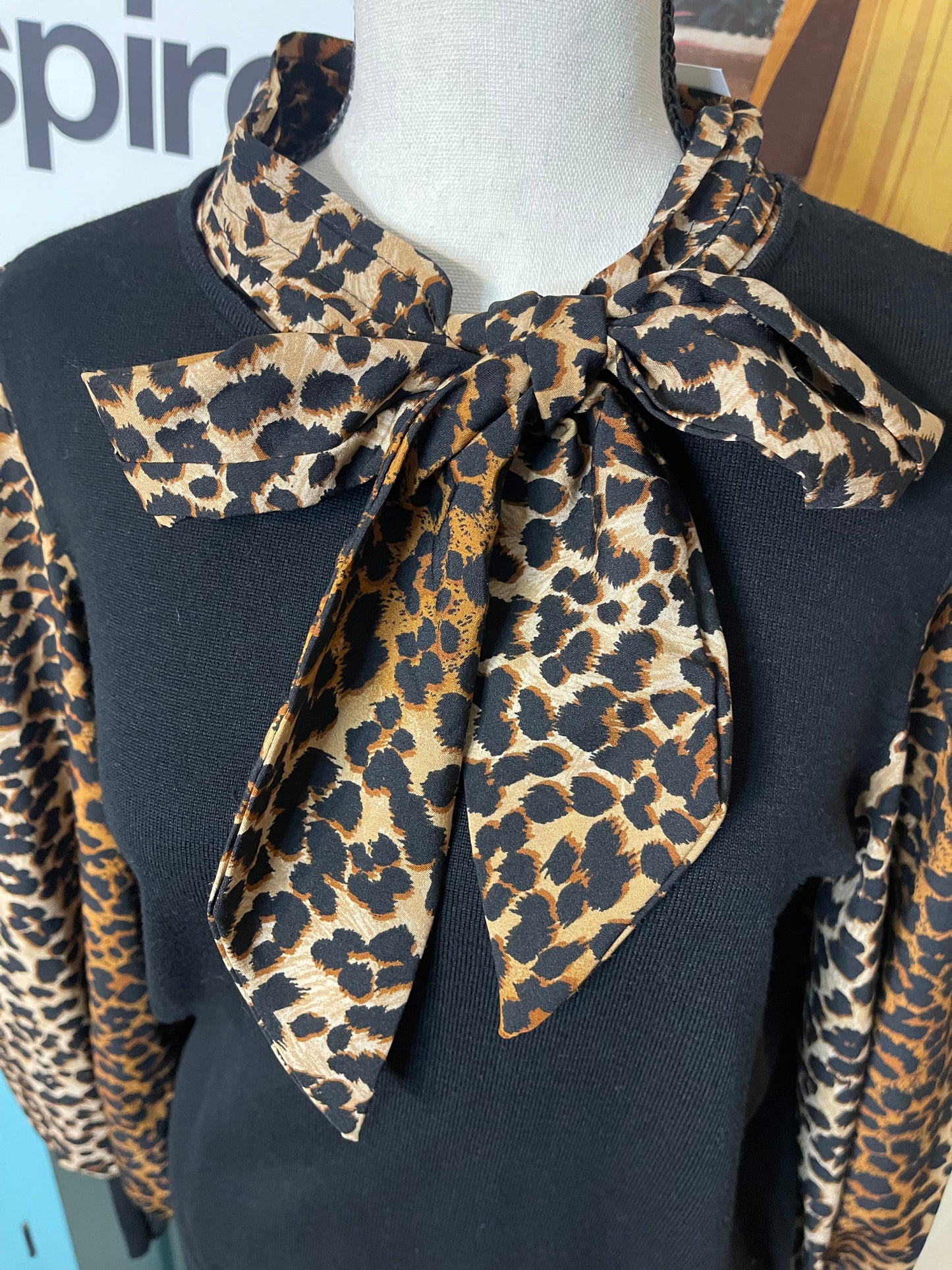 Black/Animal Print Tie Bow Sweater Top by Cato - Large