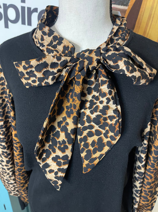Black/Animal Print Tie Bow Sweater Top by Cato - Large