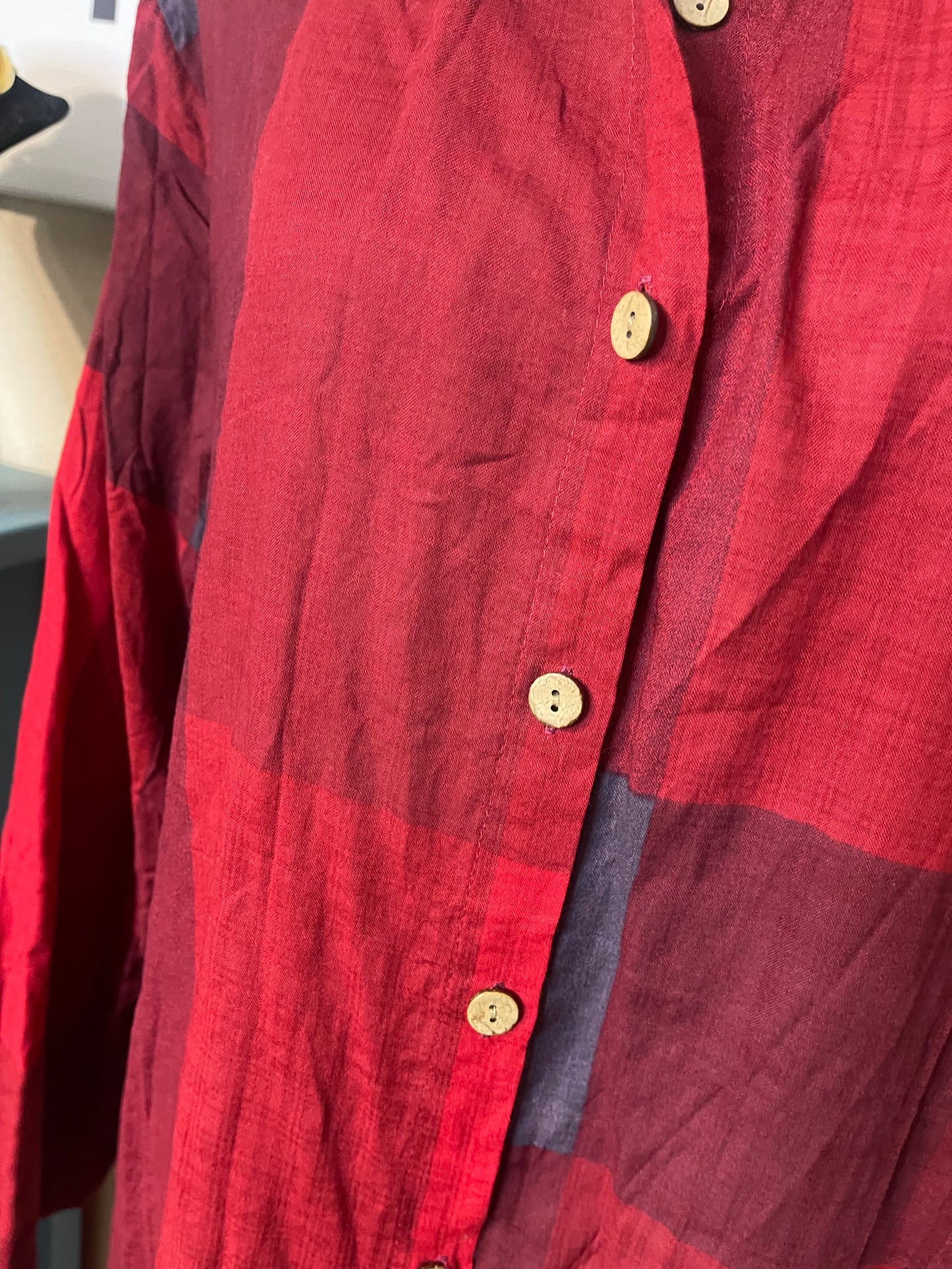 NEW Red/Burgundy Colorblock Button Up Dress/Kimono-Duster w/Pockets - Large