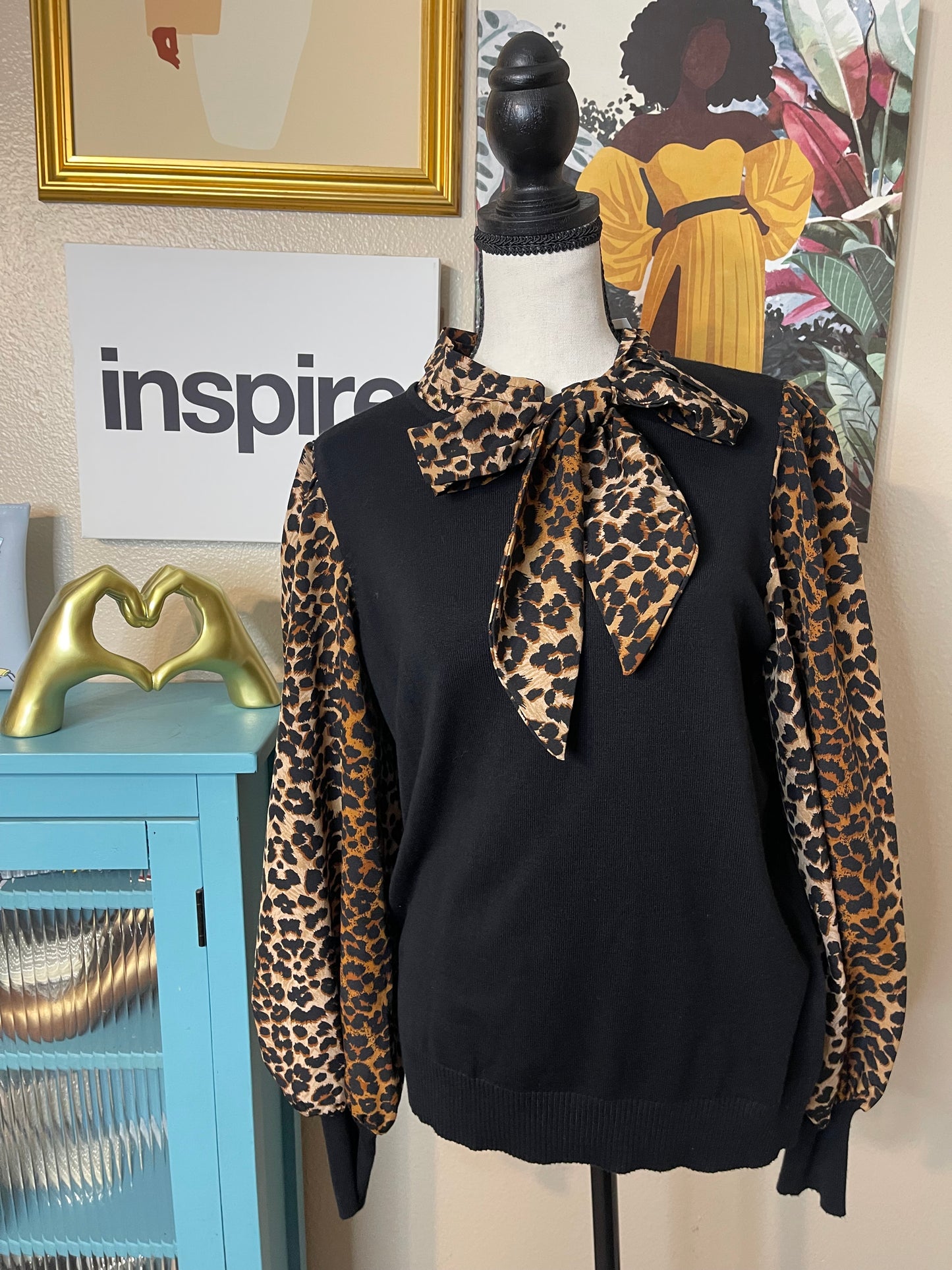 Black/Animal Print Tie Bow Sweater Top by Cato - Large