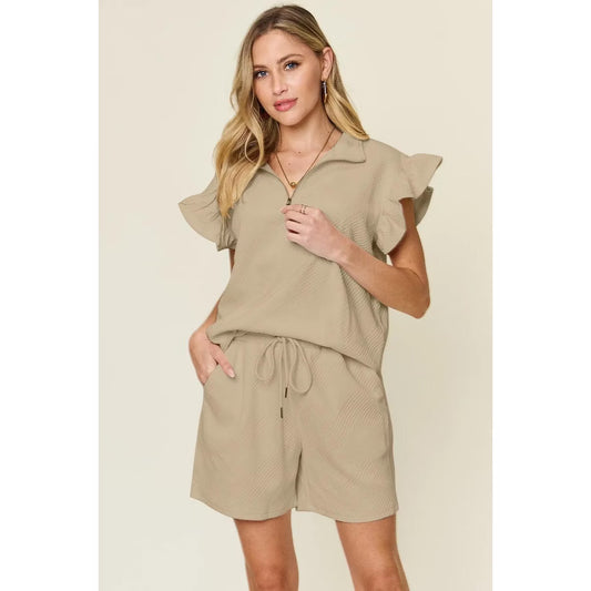 Double Take Flounce Sleeve Top and Drawstring Shorts Set - L
