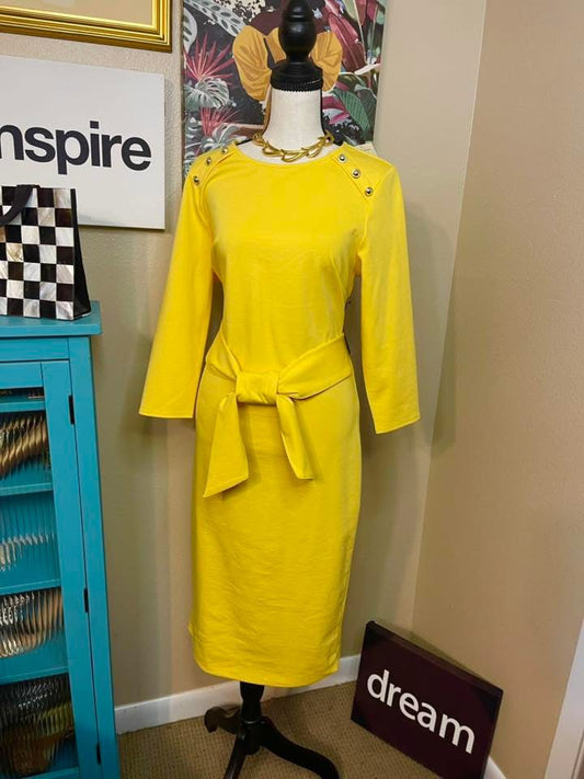 NEW Yellow New York and Company 3/4 Sleeve Crepe Tie Waist Dress - Medium
