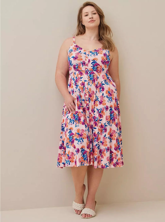Floral Midi Super Soft Button-Front Torrid Skater Dress - 3 (22/24)