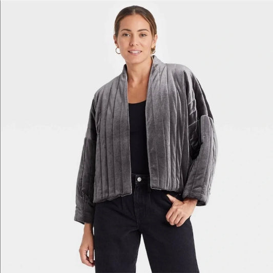 Gray Quilted Velvet Open Front Jacket/Short Duster - OSFM up to XL