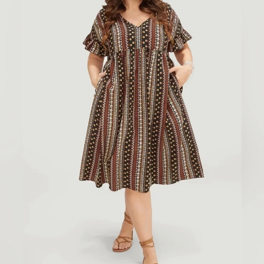 BloomChic Brown Ruffle Sleeve Multi-Print V-neck Midi Dress - 22-24
