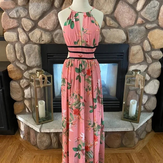 Express Coral Pink Strappy Tropical Floral Print Cut Out Maxi Dress-L