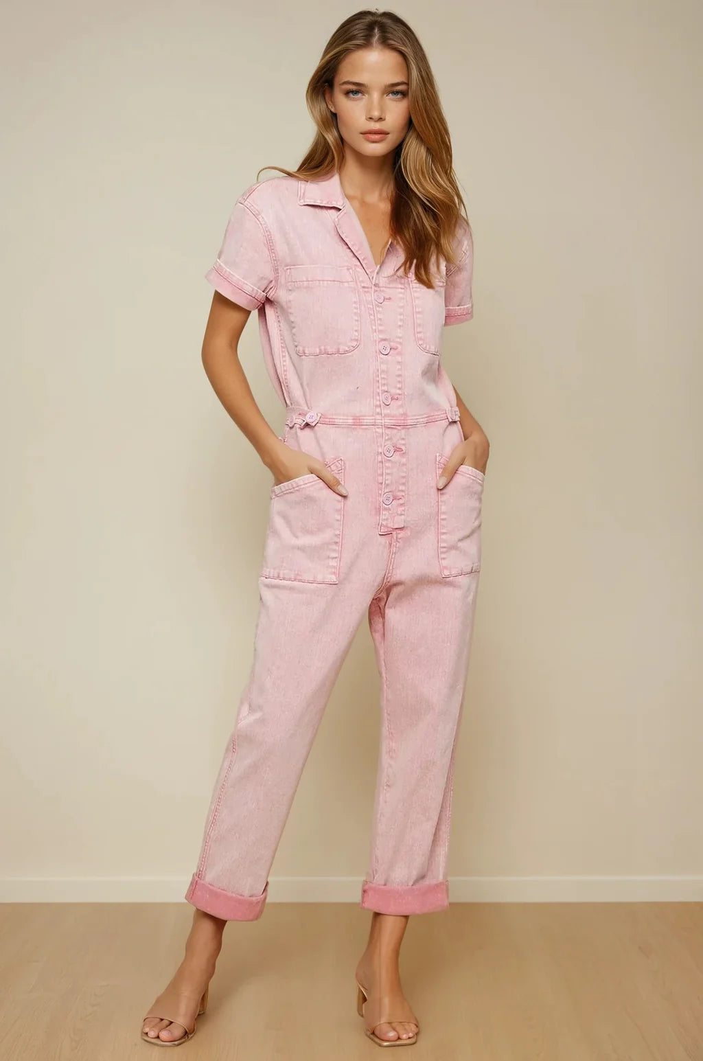 Acid Wash Denim Utility Jumpsuit - M