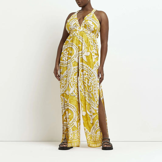 NEW Yellow Paisley Plunge Neck Jumpsuit by River Island 22/24