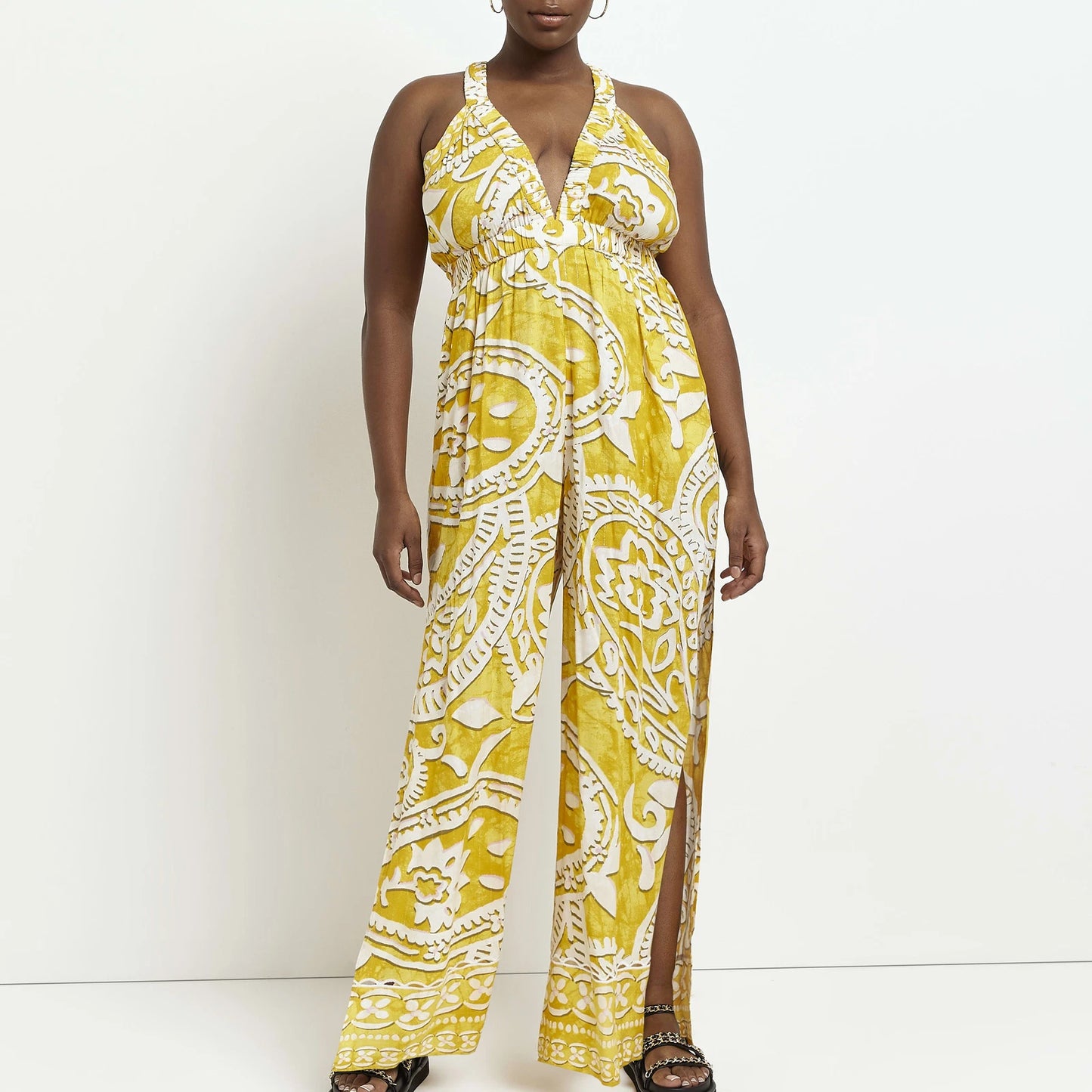 NEW Yellow Paisley Plunge Neck Jumpsuit by River Island 22/24