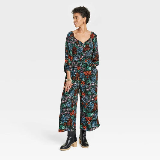 Black Floral Puff Sleeve Jumpsuit By Knox Rose - Large