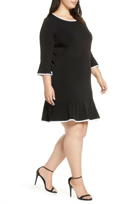 Black MK White Trim Flounce Bell Sleeve Dress - OX(14)