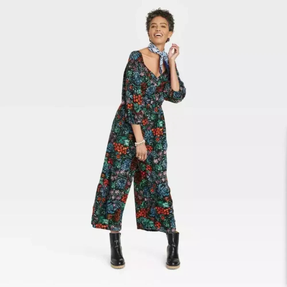 Black Floral Puff Sleeve Jumpsuit By Knox Rose - Large