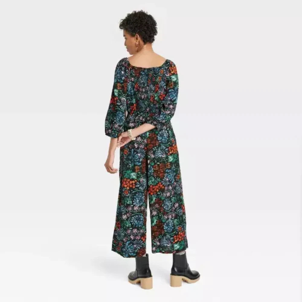 Black Floral Puff Sleeve Jumpsuit By Knox Rose - Large