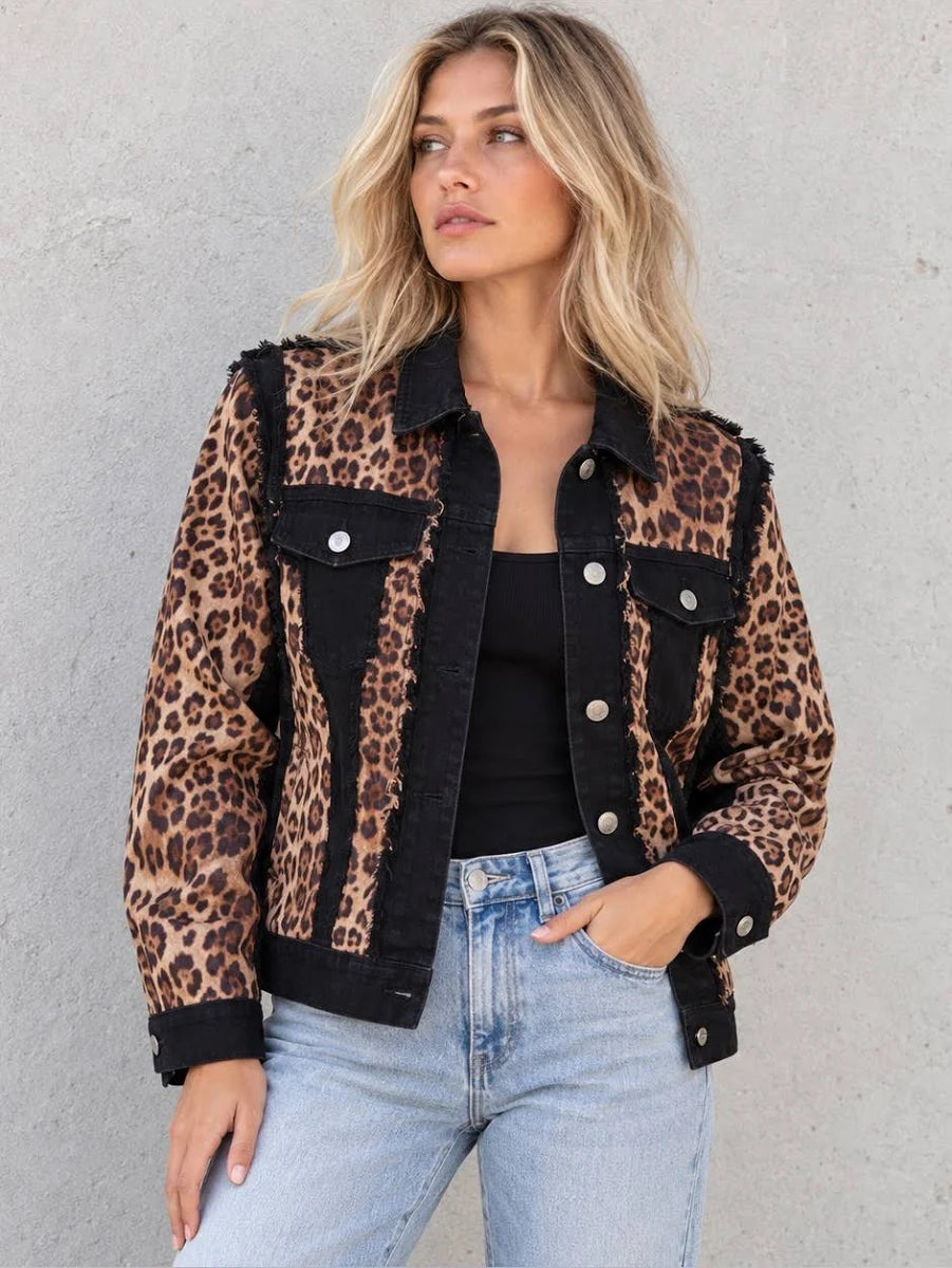A.Z.I NY Black Raw Edge Denim Leopard Print Jacket - XL