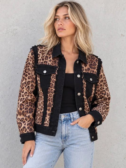 A.Z.I NY Black Raw Edge Denim Leopard Print Jacket - XL