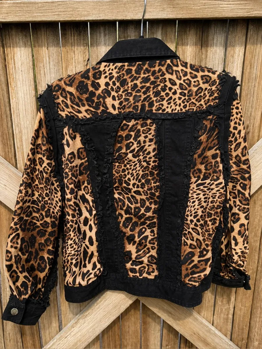 A.Z.I NY Black Raw Edge Denim Leopard Print Jacket - XL